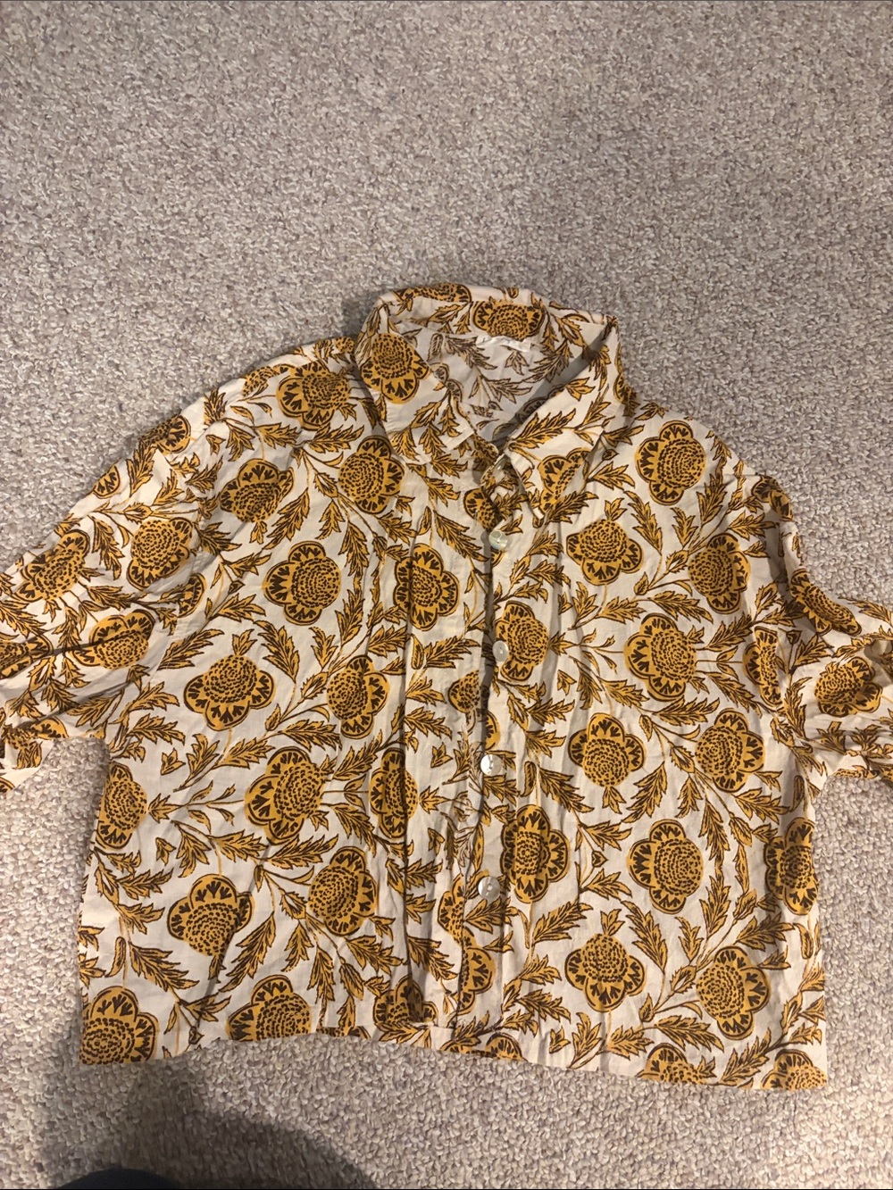 Nicole Miller Cream Button-Down Top with Mustard Floral Print